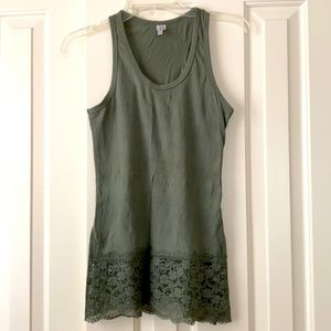 Poof! Olive green tank with lace adornment.